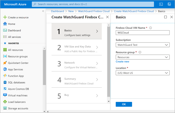 Screen shot of the Firebox Cloud template steps in Microsoft Azure